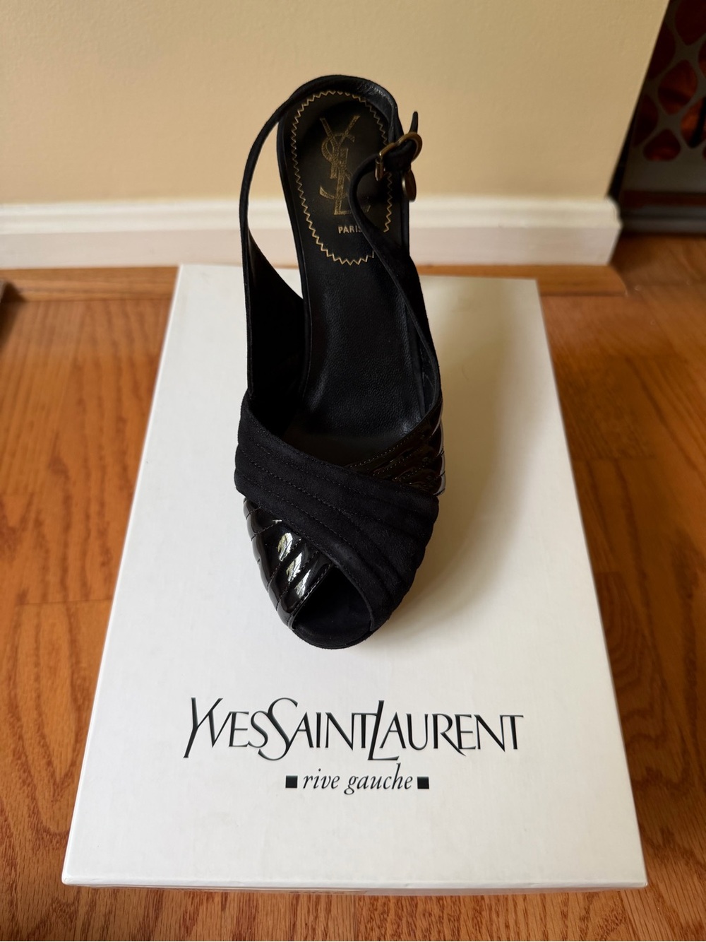 Yves Saint Laurent Black Satin and Patent Slingback Heel